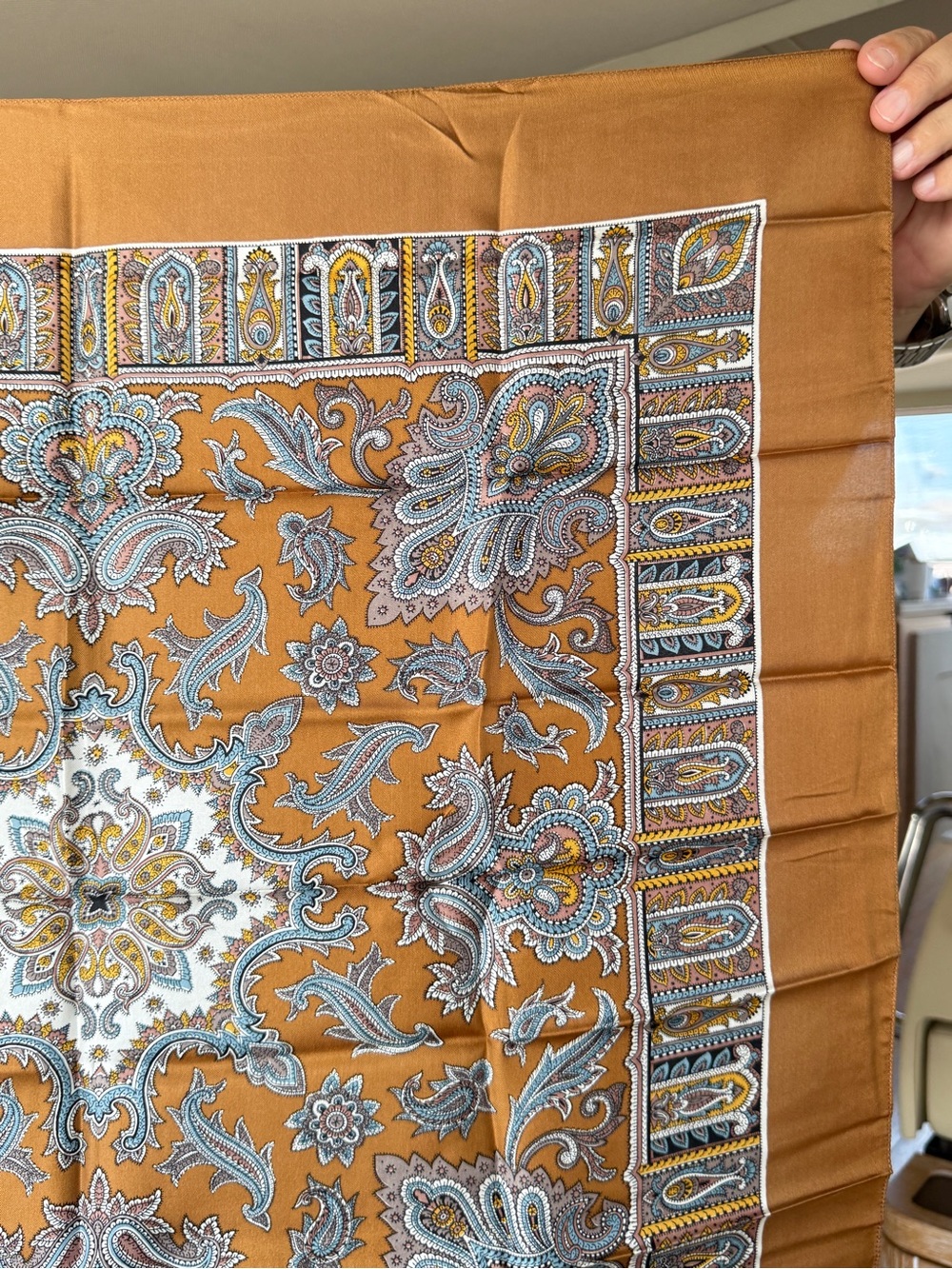 Liberty of London Tan and Blue Paisley Silk Scarf - Picture 2 of 6